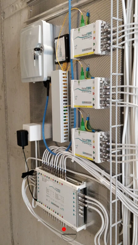 Sistema Fracarro completo per distribuzione TV-SAT e IPTV su rete GPON Quadro tecnico con moduli Fracarro per la distribuzione TV-SAT e IPTV su rete in fibra ottica GPON